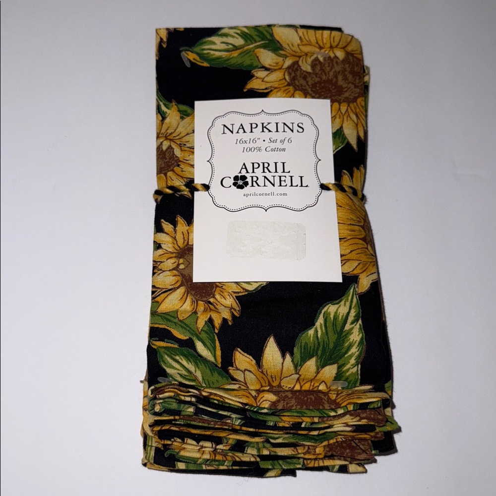 April Cornell Set of 6 Cotton Napkins 16x16” Black with Yellow Sunflowers